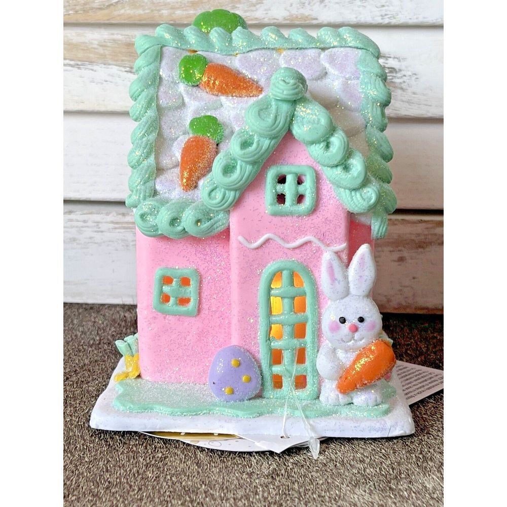 Mini Pink, White & Green Easter Bunny Gingerbread House with LED Light, Pastel